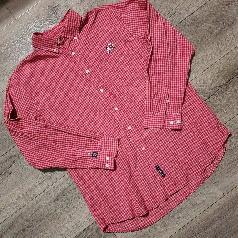 Crable Sportswear Mens Utah Utes NCAA Gingham Button Down Shirt Red Large L